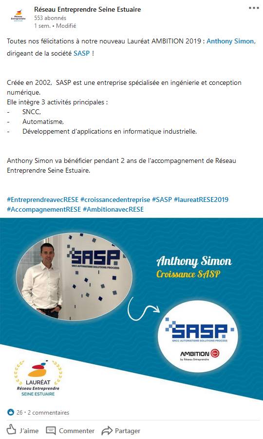 SASP rejoint les lauréats AMBITION 2019 du Réseau Entreprendre Seine Estuaire !